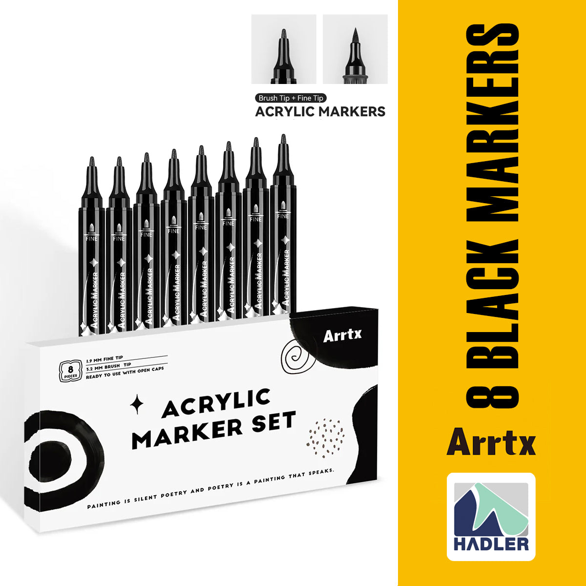 Arrtx 8 Black Acrylic Paint Markers Dual Tip