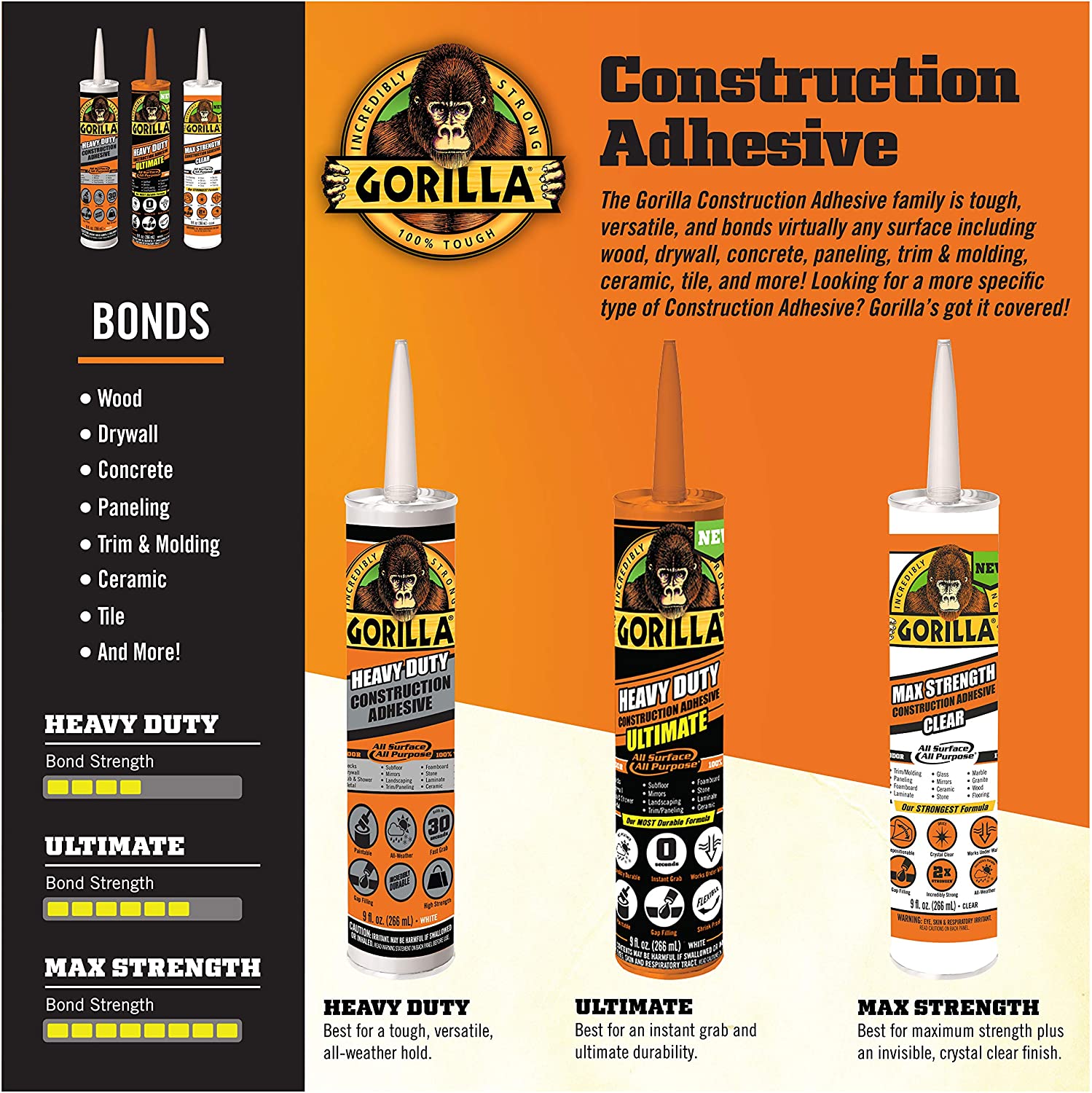 Gorilla 重型常规/终极建筑粘合剂，9 盎司/266 毫升白色墨盒