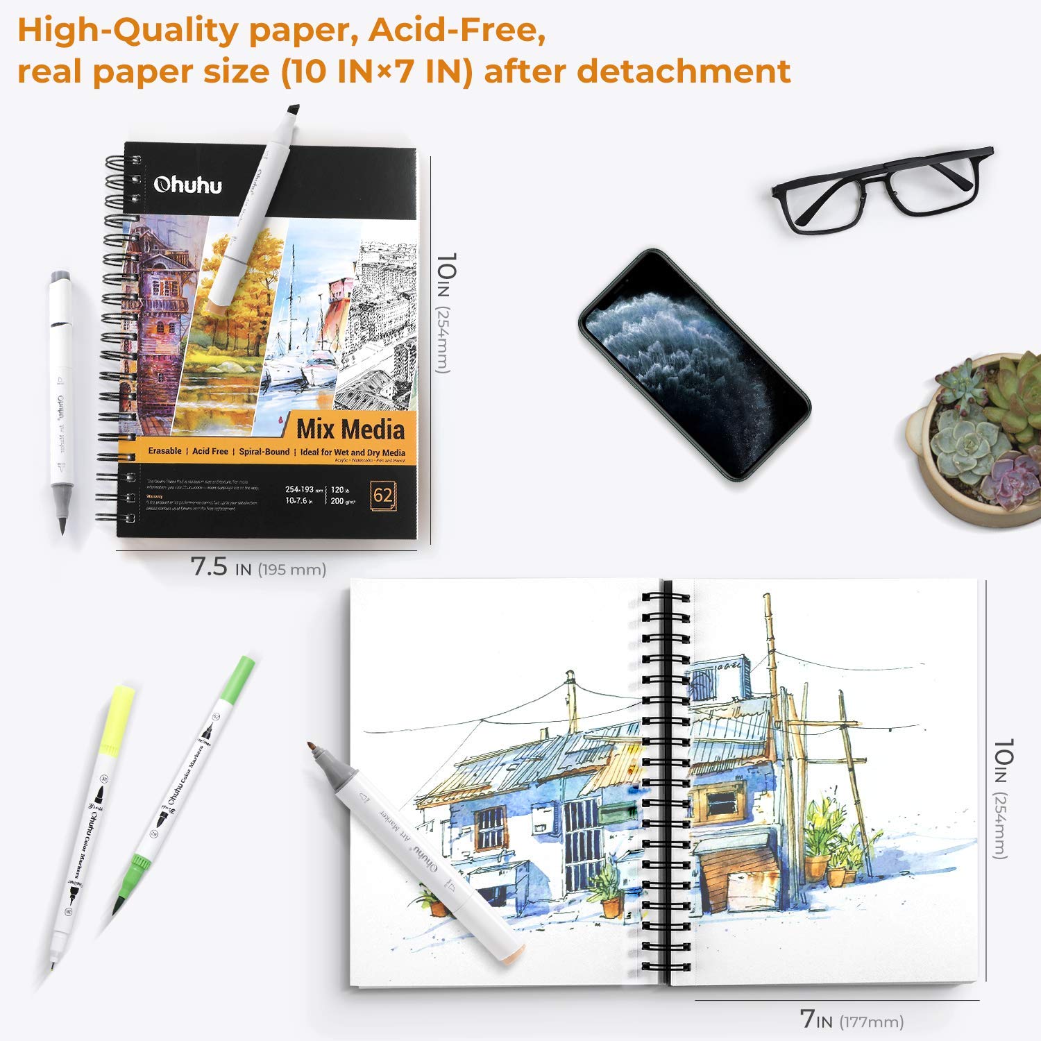Ohuhu Mixed Media Art Sketchbook 120 LB/200 GSM Heavyweight 124 Pages