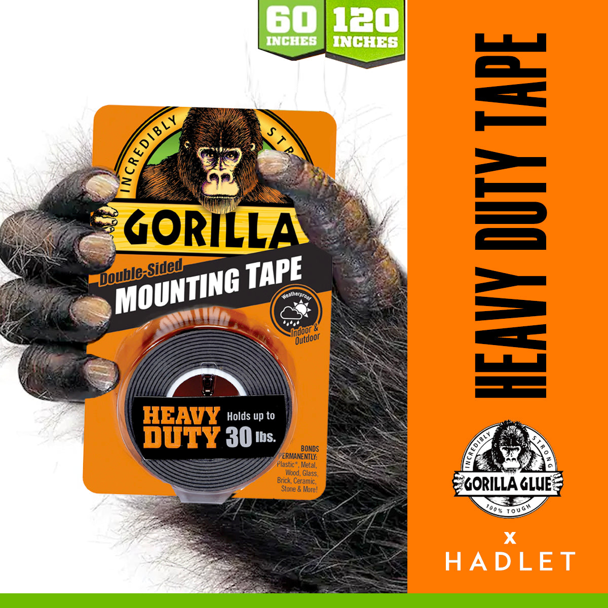 Gorilla 重型双面安装胶带，1 x 60/120 英寸，黑色工业强度